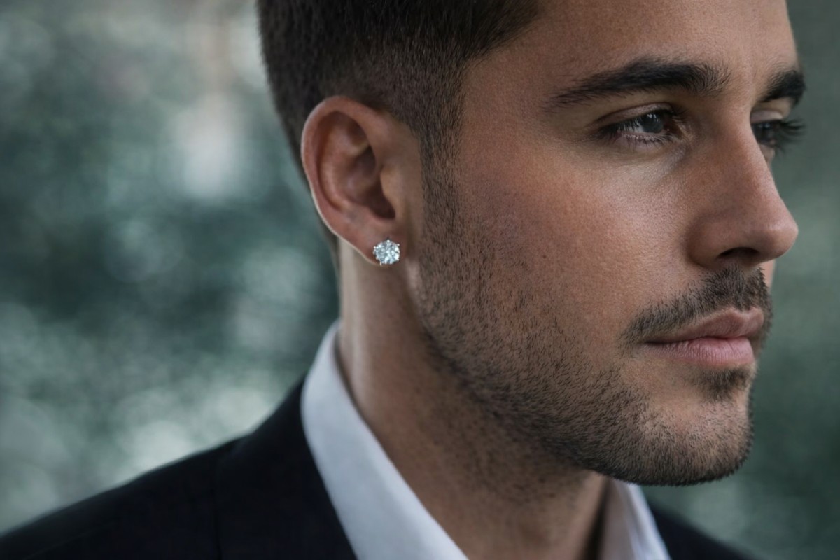 Portrait d’un homme portant une boucle d’oreille en diamant à l’oreille gauche, symbole d’élégance masculine, d’affirmation de soi et de raffinement discret.